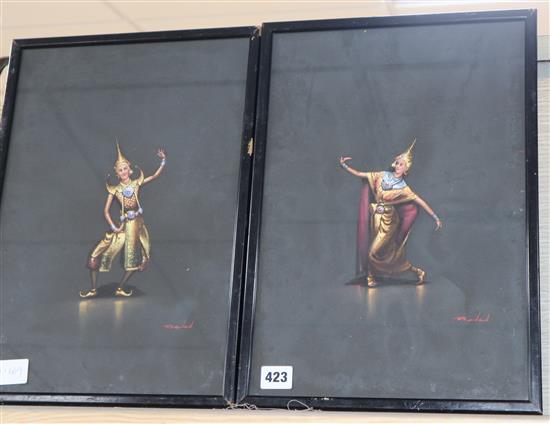 Indonesian School, pair of gouaches, Siamese dancers, indistinctly signed, 39 x 26cm